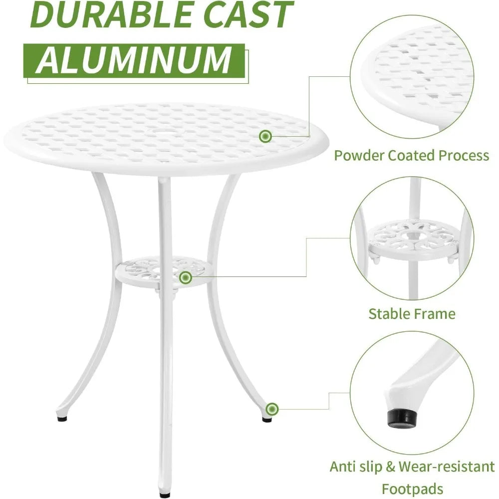 White Cast Aluminum Bistro Set – 3 Piece Outdoor Patio Table & Chairs