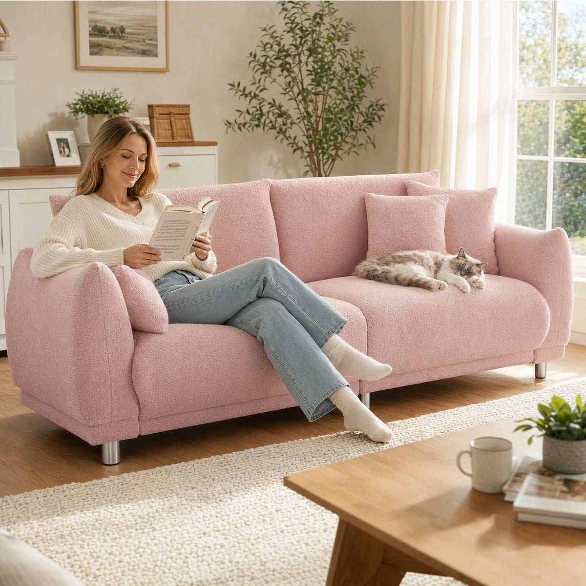 86.6-Inch Teddy Fleece Sofa with Four Throw Pillows