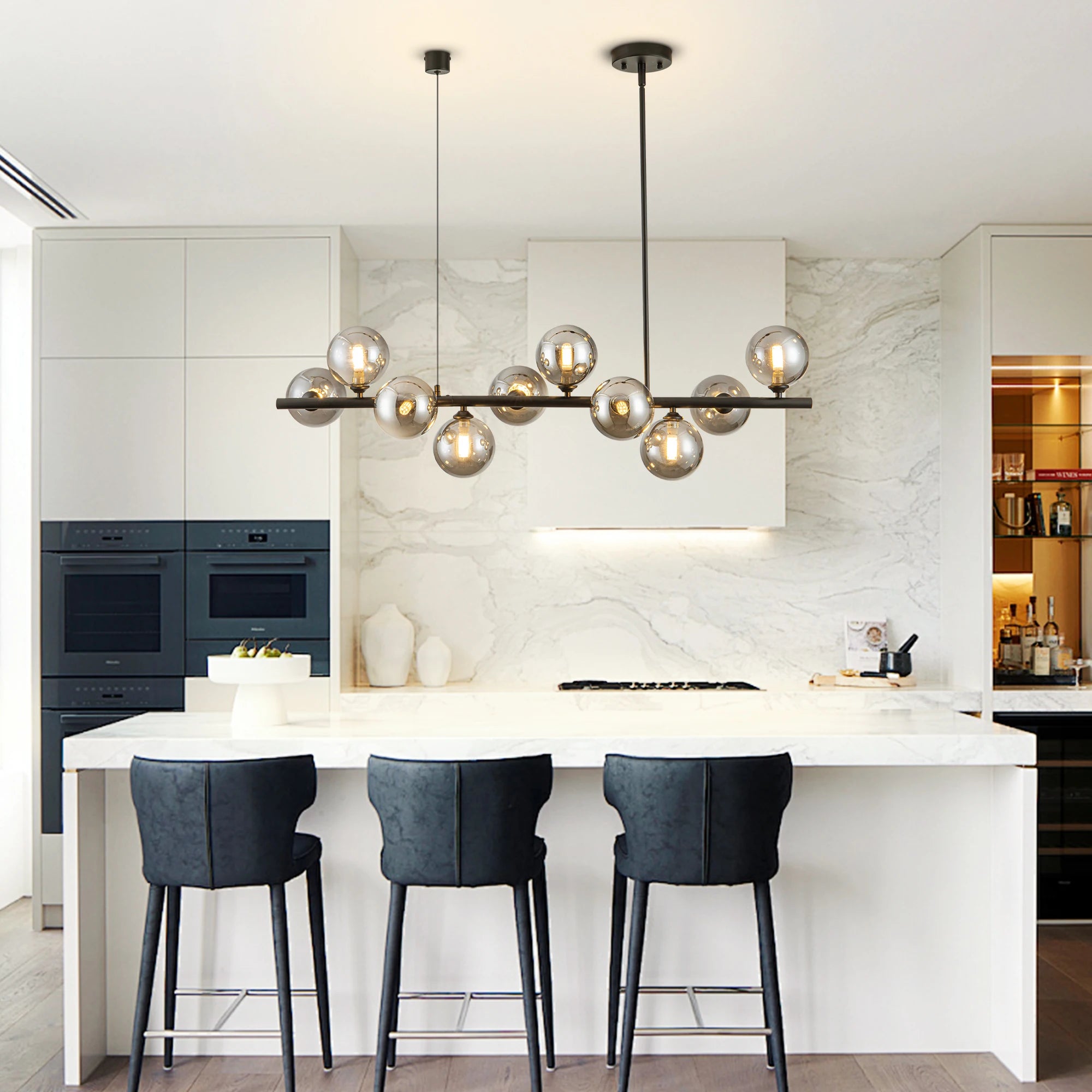 10-Light Matte Black Adjustable Chandelier with Smoked Glass Globe Shades