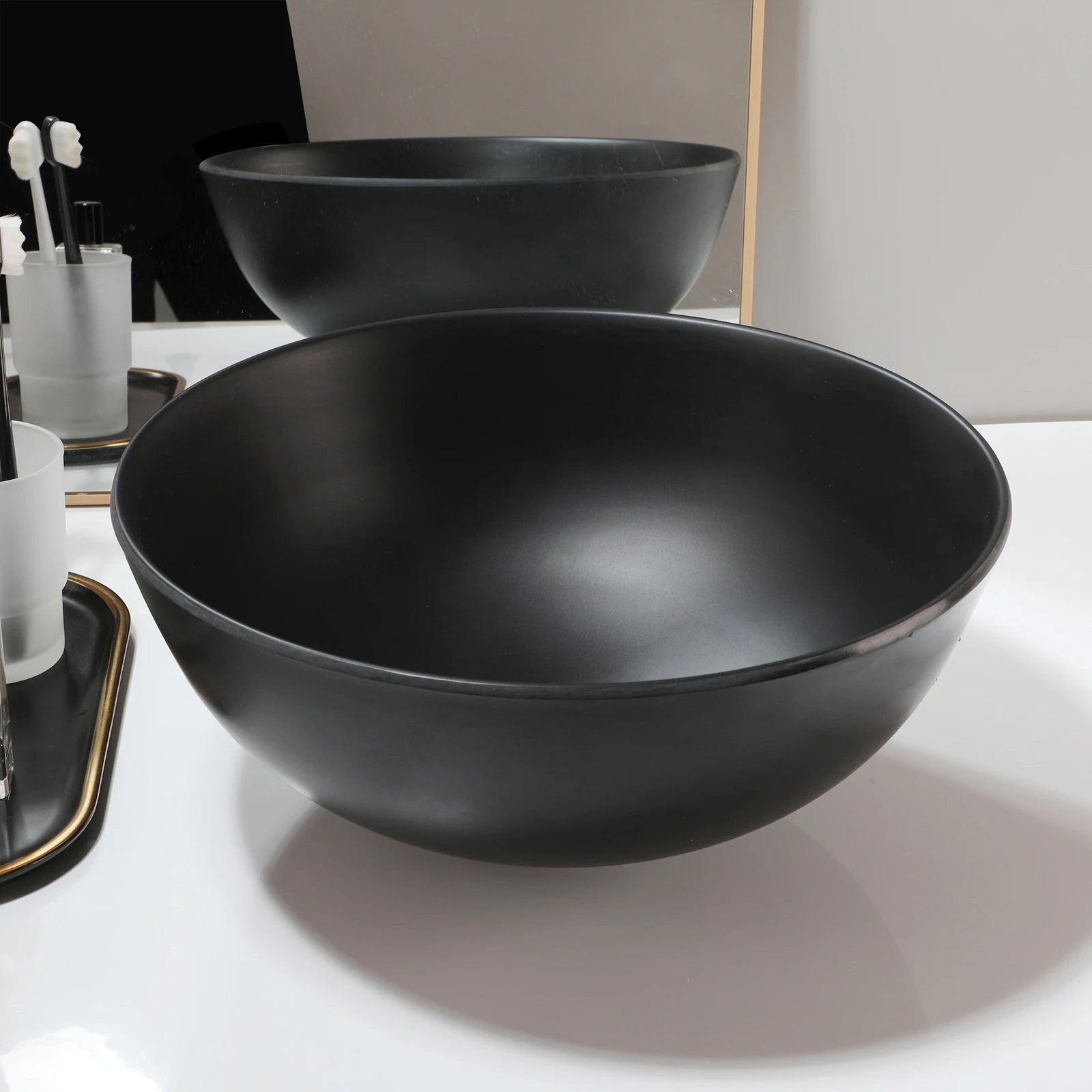 13" Round Stone Resin Vessel Sink with Drain Combo – Above Counter