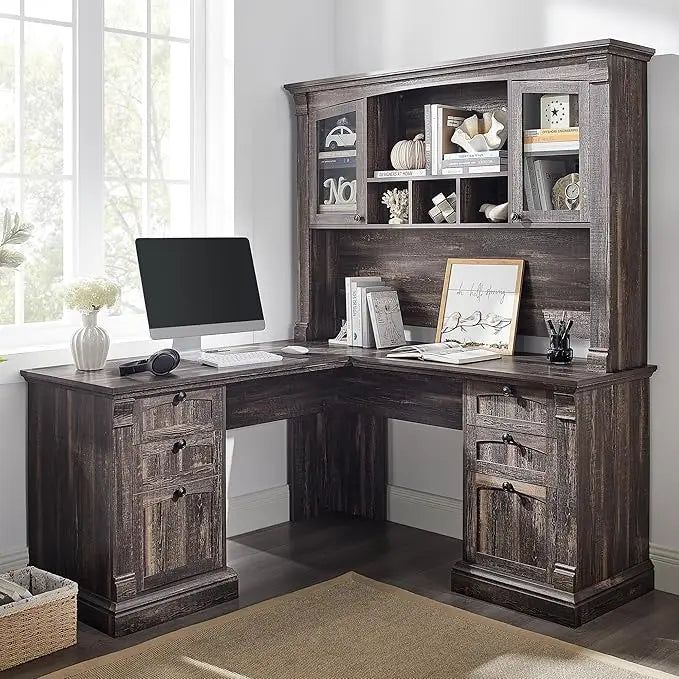 60" L Shaped Executive Desk with Hutch, Drawers & Charging Station